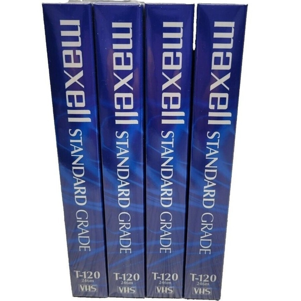 Maxell VHS Tapes 4 Pack T-120 Standard Grade Blue Sealed Blank Media 6 Hour EP